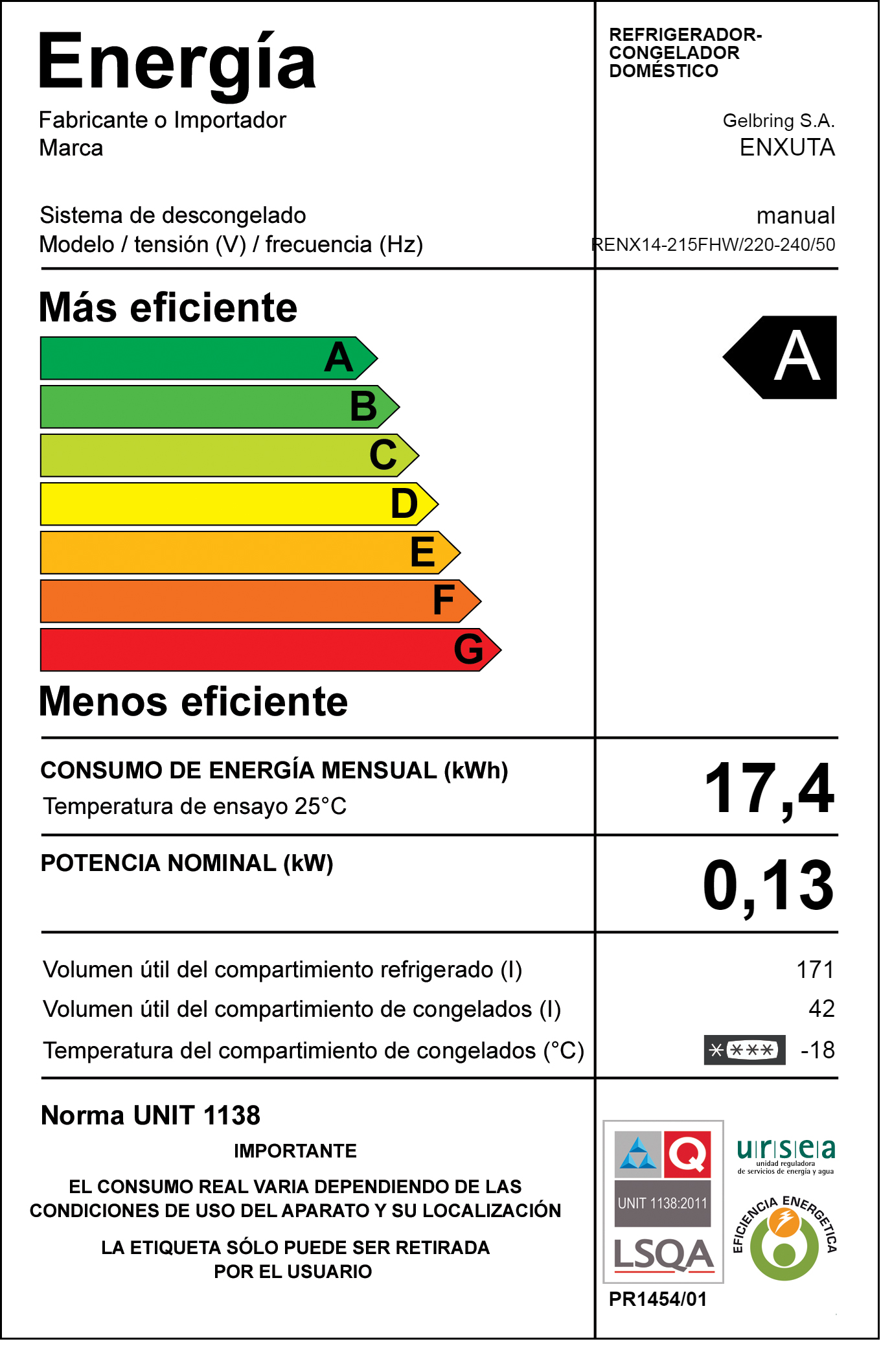 REFRIGERADOR ENXUTA RENX14-215